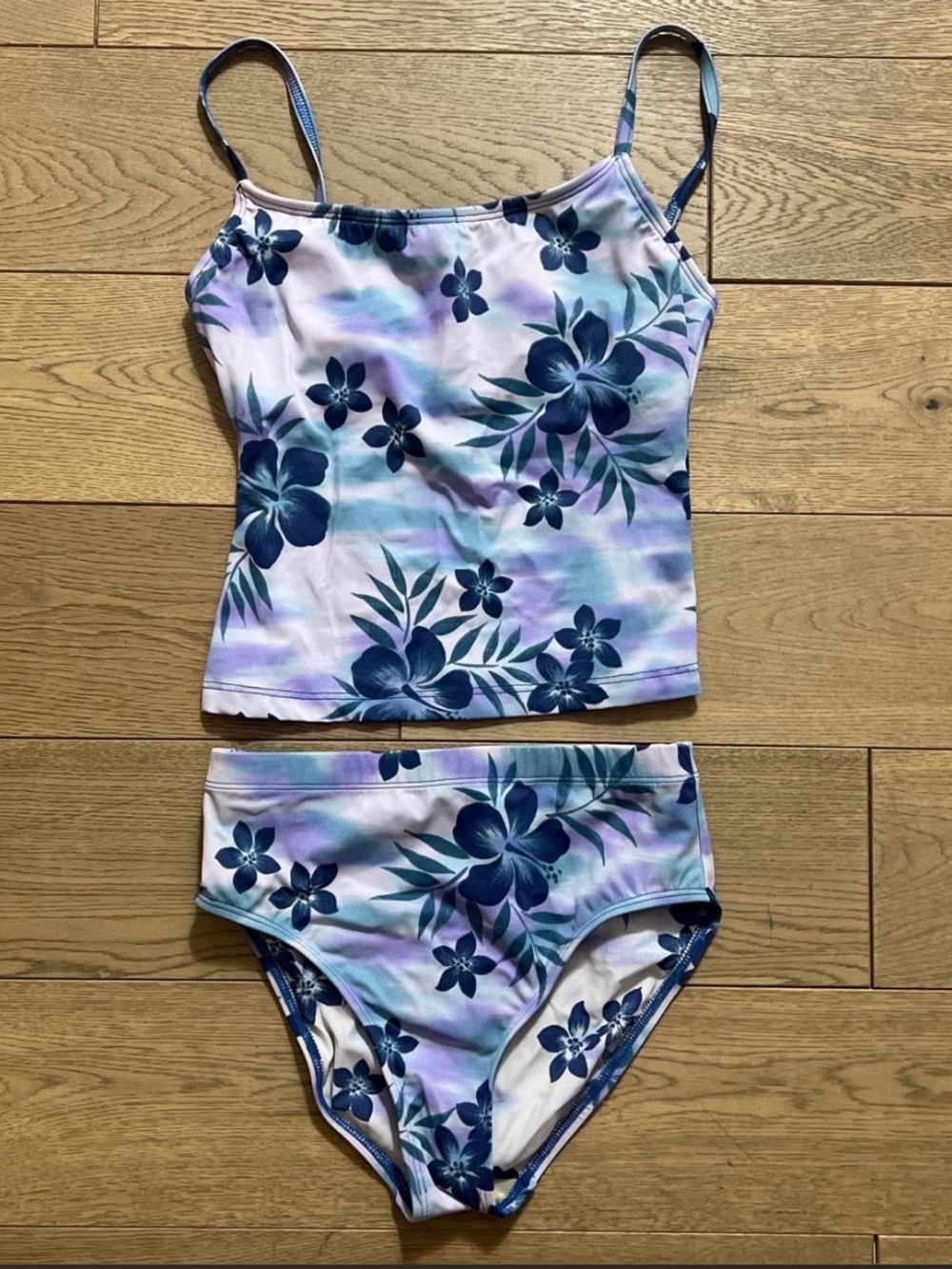 Baja Blue floral two piece tropical tankini vintage bathing suit swimsuit fit s